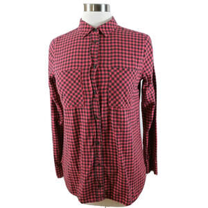 J Crew Womens Cotton Button Up Red Black Checkered Plaid Blouse Shirt Size 2